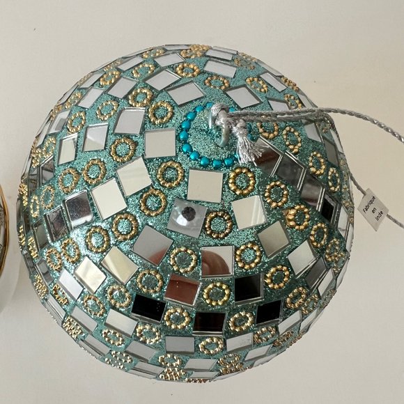 NEW Set of 2 Large Glass Mirror Disco Ball Ornaments with Rhinestones - Picture 14 of 16